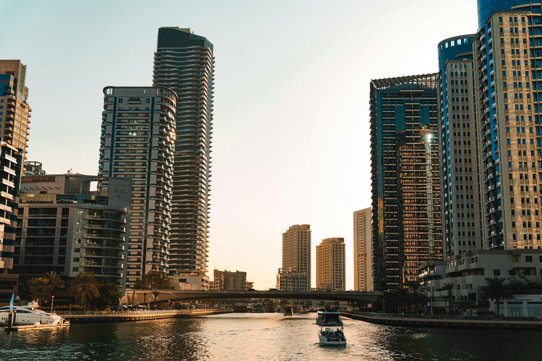 Dubai Marina waterfront and residential towers in warm evening light